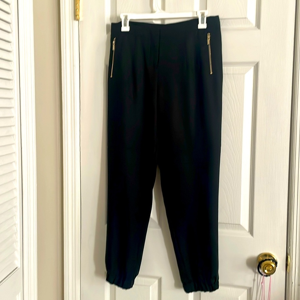 Black dress pants.  Flat front, loose leg,  gathered bottom.  Zipper detail